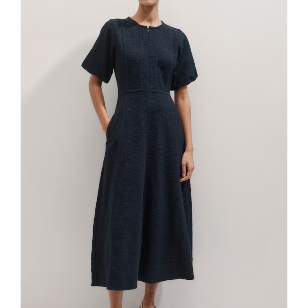 ME+EM Textured Cotton Maxi Dress Short Sleeve Navy Minimalist Modest Size 8 NEW